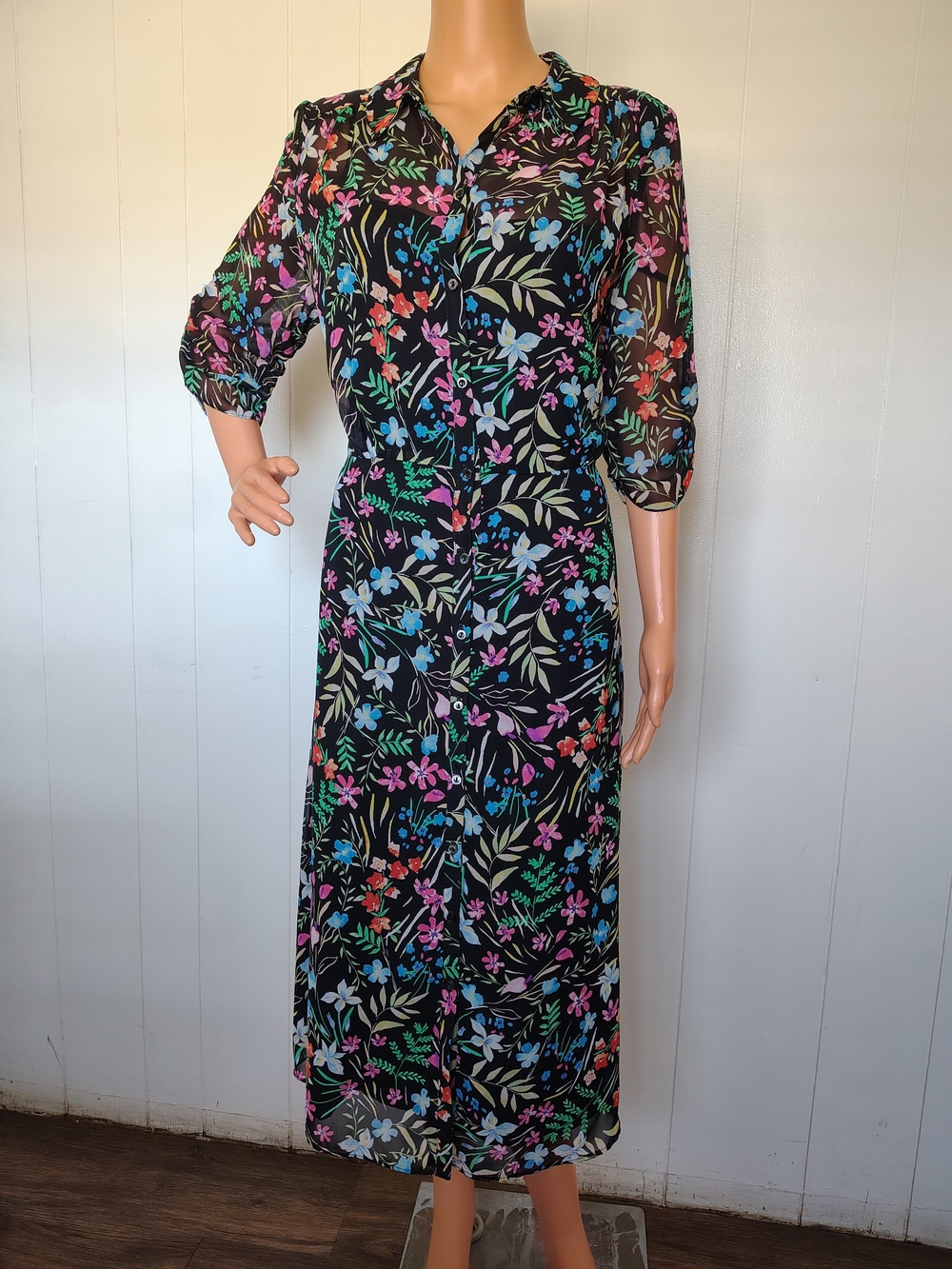 Maggy London Floral Chiffon Button Front Shirtdress Ruched 3/4 Sleeve Size 12